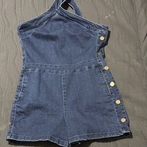 Guess Denim Halter Romper with Button Accents